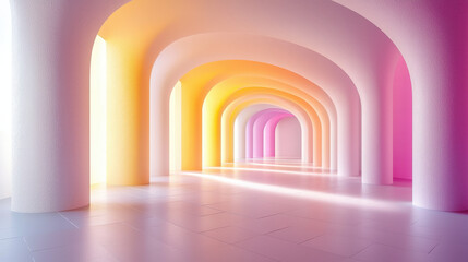 Poster - Luminous 3D rende shows a futuristic architecture hallway with a realistic 4K side angle view filled with a spectrum of beautiful, vibrant colors.