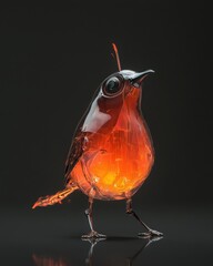 Poster - Futuristic Bird Sculpture Glowing Orange on Dark Background Studio Shot Eye Level View Artistic Creation