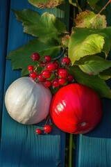 Poster - Two gourds and red berries still life on blue wood table top view autumn harvest seasonal food