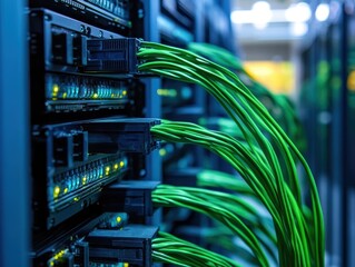 Leinwandbilder - Server room closeup showing green cables connecting to illuminated data storage hardware in a modern data center for IT network management