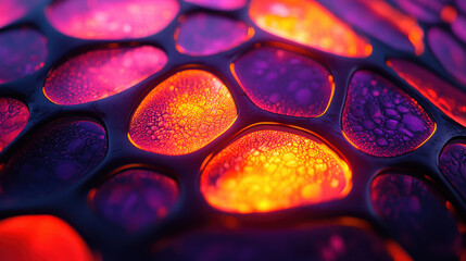 Poster - Mesmerizing 3D background displays realistic 4K side view of vibrant organic patterns in shades of orange, purple, and black creating a visually stunning effect.