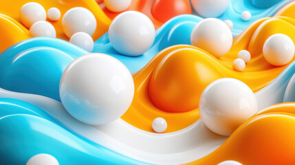 Poster - A modern 3D background design presents an abstract side angle perspective in realistic 4K detail, featu white spheres over flowing orange and blue waves.