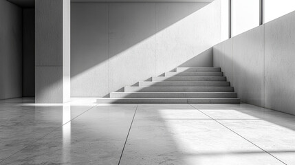 Poster - A realistic 4K 3D background showcases modern minimalism with a staircase illuminated by sunlight from the side in a clean architectural design and aesthetic.