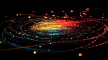 Leinwandbilder - Abstract data visualization of digital network with colorful glowing particles on black background close up