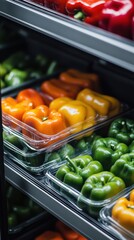 Poster - Colorful Bell Peppers Displayed in Grocery Store Refrigerator Shelf Close Up Food Photography