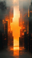 Poster - Abstract futuristic cityscape with glowing orange light and dark buildings vertical perspective digital art