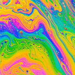 Poster - Abstract vibrant soap film surface with iridescent swirls and bubbles creates a mesmerizing colorful pattern, perfect for backgrounds and designs.