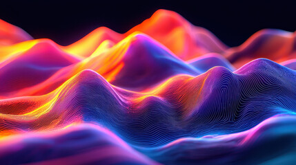 Poster - A vivid 3D background shows flowing, colorful waves visualizing background music in a realistic 4K side view, creating a mesmerizing abstract design.