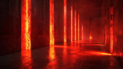 Poster - a realistic 4k 3d background visualization of a dark tunnel with glowing red columns creates a strik