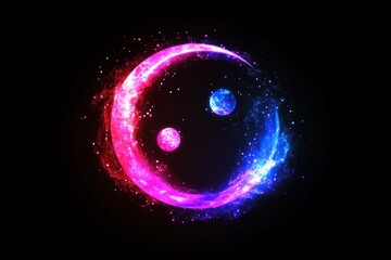 Poster - Abstract cosmic balance with pink and blue energy circles and planets on black background digital illustration