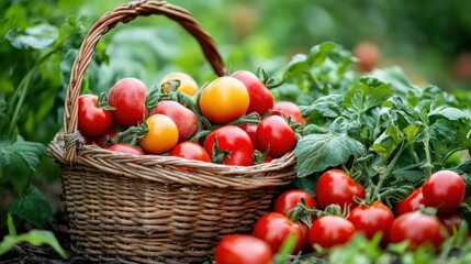 Aufkleber - Freshly Picked Tomatoes in Woven Basket from Garden Patch Close Up View Organic Produce Harvest
