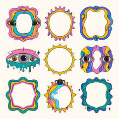 Poster - Collection of Psychedelic Frames with Eyes and Sunbursts for Creative Designs and Retro Themed Projects