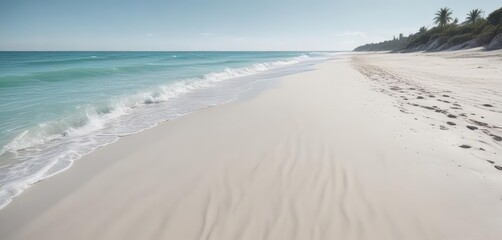 powdery white sand, crystal clear aqua waves lap shore , peaceful, sandy beach
