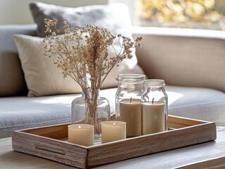 Aufkleber - Cozy home interior with candles and dried flowers on a wooden tray in a living room setting, soft focus, natural light