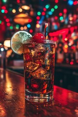 Poster - Refreshing Cuba Libre Cocktail on Bar Top with Lime and Cherry in Nightclub Setting Close Up