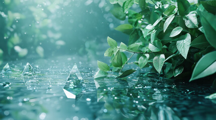 Wall Mural - realistic 4k side angle view of nature's geometry with crystalline formations surrounded by lush fol
