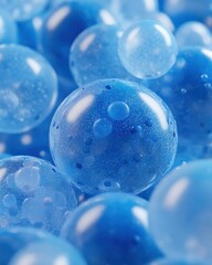 Poster - Abstract macro shot of blue spheres with water droplets and light reflections studio shot