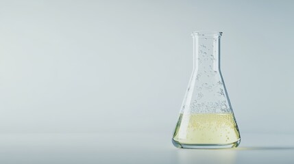 Poster - Laboratory Erlenmeyer Flask with Yellow Liquid and Bubbles on Light Background Still Life