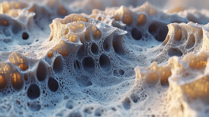 Poster - Realistic 4K 3D rende of nature's intricate patterns with a side angle view revealing porous textures and organic formations in a detailed background design.