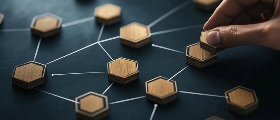 Aufkleber - Hand Placing Hexagon on Network Connecting Nodes Overhead Shot Illustrating Connection Strategy and Teamwork