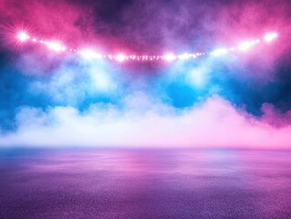 Aufkleber - Stage lights illuminating a smoky arena with pink and blue hues creating a surreal atmosphere at night
