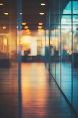 Poster - Abstract office interior view of hallway with glass walls and warm lighting in modern building perspective