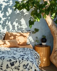 Aufkleber - Serene bedroom interior with floral bedding and natural light from tree branches casting shadows on wall; cozy scene