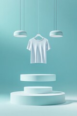 Aufkleber - Minimalist studio shot of white t-shirt hanging above podiums with pendant lights on a blue background product display