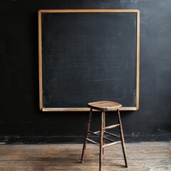 Poster - Rustic chalkboard and wooden stool in vintage classroom setting against dark wall for education or design concept