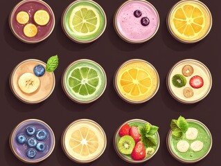 Poster - Top down view of colorful fruit bowls showcasing lemon lime blueberry banana kiwi and strawberry on dark background
