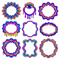 Poster - Psychedelic colorful frames collection with eye illustration for creative designs and groovy artworks, perfect for posters and flyers