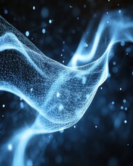 Poster - Abstract blue network wave flowing with connected dots and lines on dark background digital art