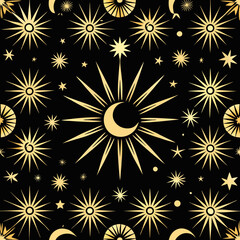 celestial starburst seamless vector pattern with radiant stars and moons on black