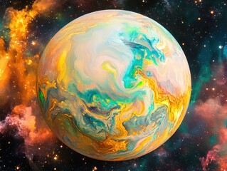 Aufkleber - Abstract Planet in Space with Swirling Colors and Nebula Background Close Up View Digital Art