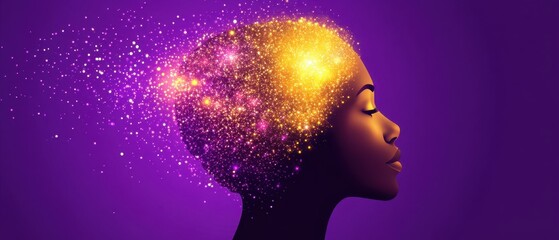 Poster - Woman Profile Sparkle Mind Concept on Purple Background Creative Illustration of Intelligence and Imagination