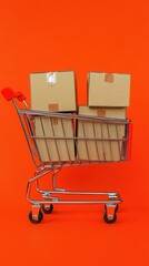 Poster - Shopping cart filled with cardboard boxes on orange background studio shot for delivery or e-commerce concept
