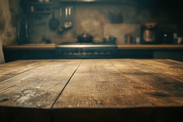 Poster - Rustic Wooden Table Surface in Kitchen Interior Background Close Up Shot for Food Photography or Product Display