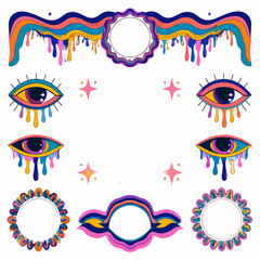 Poster - Psychedelic frame design elements with dripping paint, eyes, and wavy decorations for vibrant designs