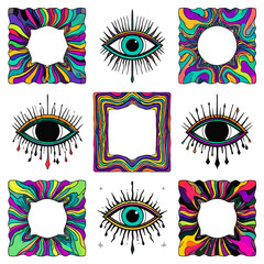 Poster - Psychedelic frames and all seeing eye illustrations in vibrant colors for creative projects