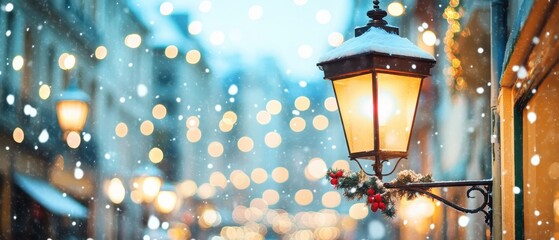 Aufkleber - Winter Street Scene with Snowfall and Glowing Lanterns in a European Town at Night Festive Holiday Season Ambiance with Bokeh Lights