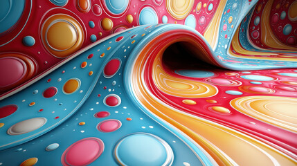 Poster - A playful 3D background featu vibrant circles and a smooth, curving form in a realistic 4K resolution that catches the light at a unique side angle.