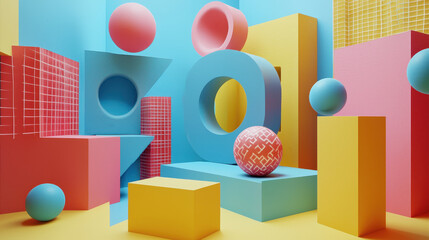 Poster - Playful 3D background featu a vibrant array of colorful abstract shapes and geometric forms rendered in realistic 4K with a side angle perspective.