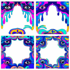Poster - Psychedelic frames with vibrant colors and surreal eye designs for creative projects and artistic templates