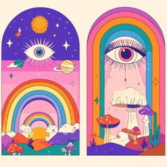 Poster - Psychedelic illustration showcasing retro-inspired landscapes with rainbows and eyes in colorful arched frames evoking a sense of cosmic wonder and spiritual journey