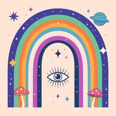 Poster - Psychedelic Rainbow Arch with Eye, Mushrooms, and Stars in a Retro Style Illustration for Spiritual and Whimsical Designs