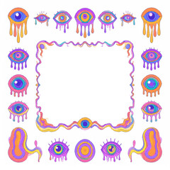 Poster - Psychedelic Trippy Eyes Border Frame Illustration with Dripping Colorful Elements for Retro or Modern Design Projects