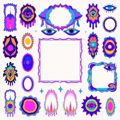 Poster - Psychedelic trippy eye frames and borders collection with vibrant colors for graphic design and creative projects