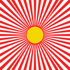 Poster - Radiant sunburst design featuring vibrant red rays emanating from a central yellow circle against a white background creating a dynamic visual
