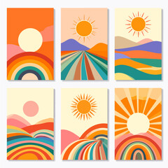 Poster - Retro style poster collection featuring sun rainbow and landscape in warm tones perfect for wall art and graphic design projects