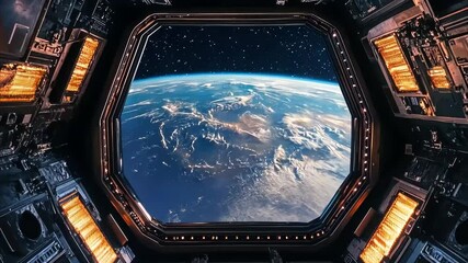 Poster - View of Earth from spacecraft window highlighting the expanse of outer space and the intricate spacecraft interior, Outer space view through a spacecraft window Seamless ing time lapse background